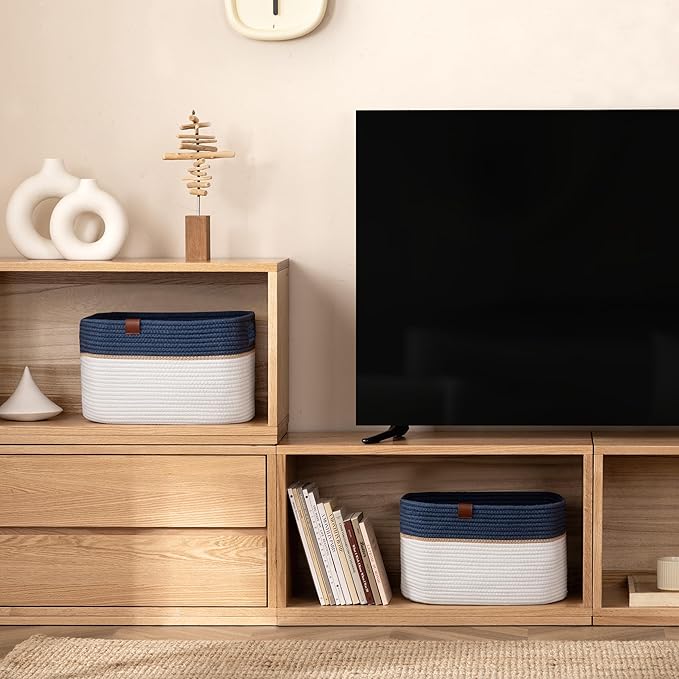 UBBCARE 2 Pack Baskets for Organizing, Woven Storage Baskets with Label for Toys and Towel, Rectangle Cotton Rope Basket with Handles, 15''L x10''W x9''H, Navy Blue&White