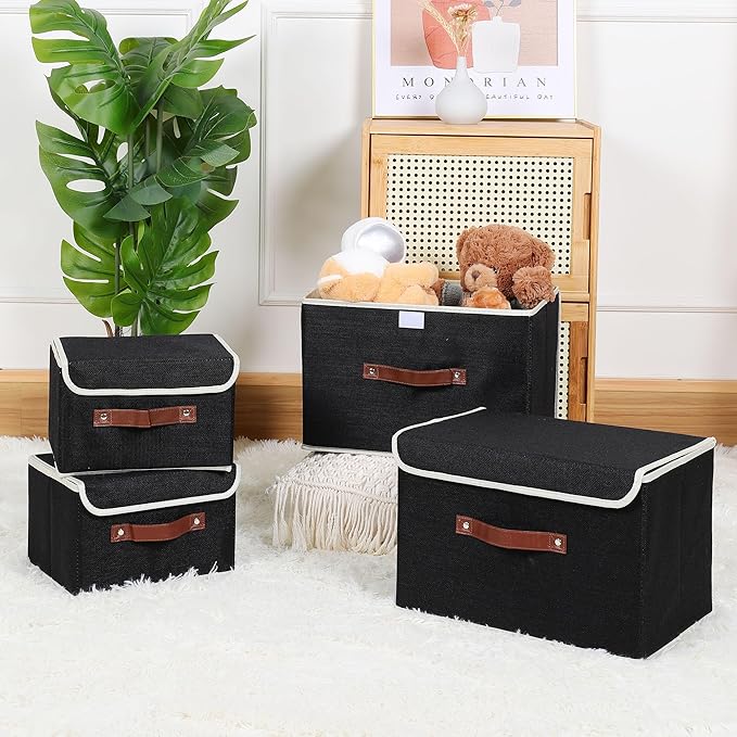 ANMINY 2PCS Storage Bins with Lid PU Leather Handles Storage Boxes PP Plastic Board Decorative Foldable Lidded Cotton Linen Fabric Home Cubes Baskets Closet Organizer Containers - Black, Small Size