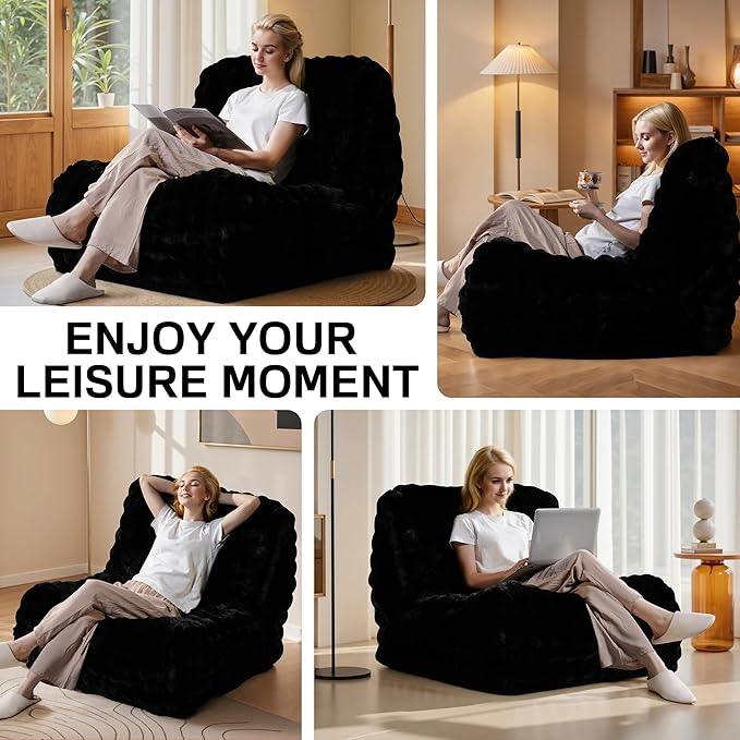 Modern Bean Bag Chair, Large Bean Bag Couch for Adults with Memory Foam Filled, Soft Faux Bunny Fur Lazy Chair for Living Room Bedroom Dorm Apartment, No Assembly Required, Black