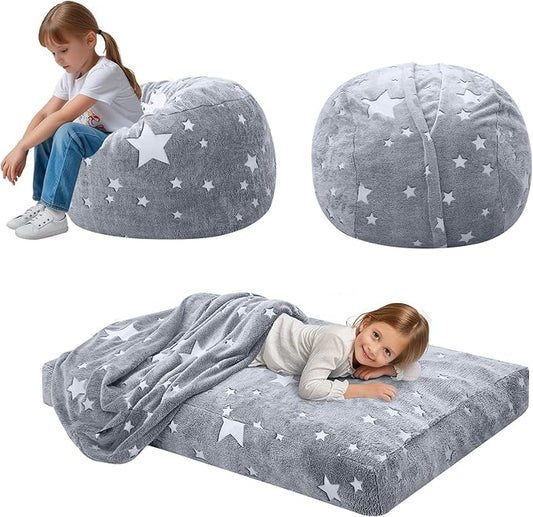 COMAX Kids Bean Bag Chair Turn into Beanbag Bed, Unicorn Toddler Bean Chair for Girl Boy Sleeping, Lazy Children Sofa Couch with Filler, Convertible Child Floor Mattress, Glowing Grey Star