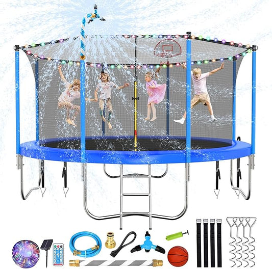 Upgraded 10/12/14/15/16FT Trampoline Outdoor, Large Kids Trampoline with Light, Stakes, Sprinkler, Backyard Trampoline with Basketball Hoop and Net, Capacity for 4-6 Kids and Adults