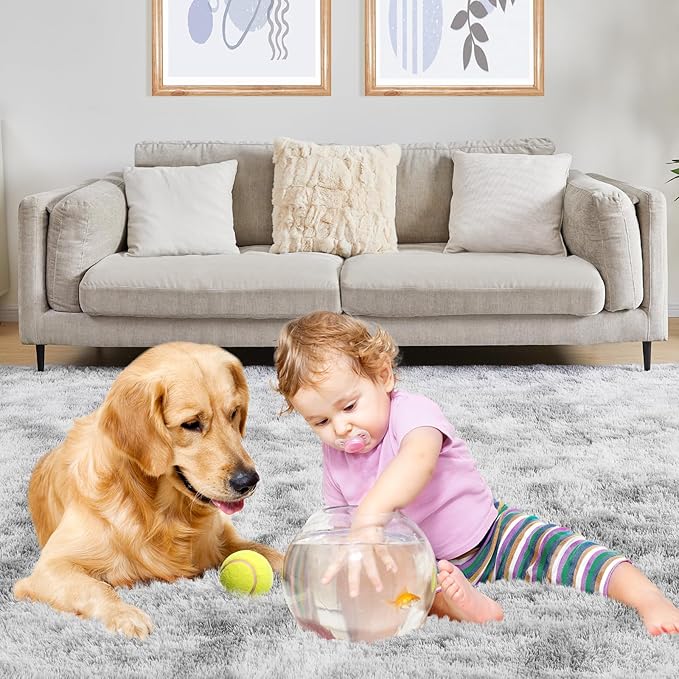 Ultra Soft Area Rugs for Living Room, 5x7 Tie-Dyed Light Grey Fluffy Plush Rugs for Bedroom, Non-Slip Floor Carpet for Nursery, Bedside, Playroom, Corridor, Indoor Decor