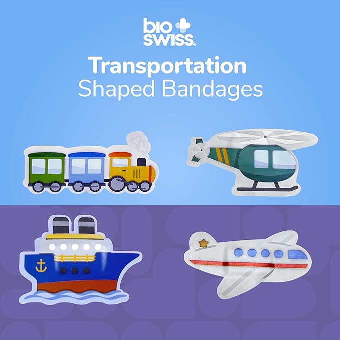 BioSwiss Bandages, Transportation Shaped Self Adhesive Bandage, Latex Free Sterile Wound Care, Fun First Aid Kit Supplies for Kids, 50 Count