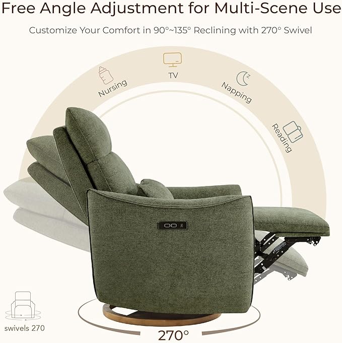 CHITA Swivel Rocker Recliner Chair, Power Nursery Glider Recliner, Nursery Rocking Chair with Adjustable Power Headrest, FSC Certified, Solid Wood Base, Moss Green