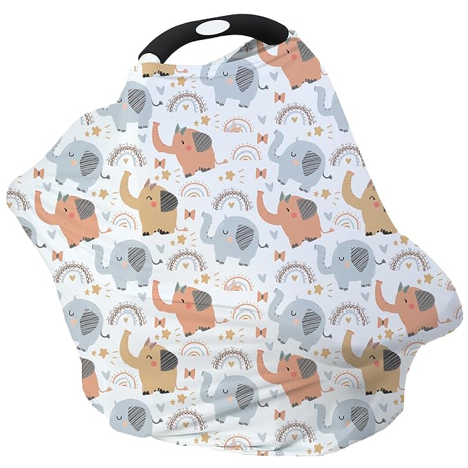 Breathable Car Seat Cover for Babies – Multi-Purpose Soft Rayon Nursing Cover for Breastfeeding, High Stretchy Infant Carseat Canopy, Stroller Cover (Smooth Rayon, Cute Elephant)