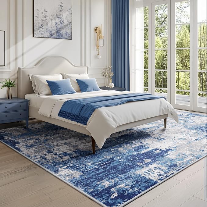 Washable Area Rugs 5'x7' Non-Slip Modern Abstract Soft for Living Room Entryway Bedroom Nursery, Print Pattern, Blue Grey Navy Gray