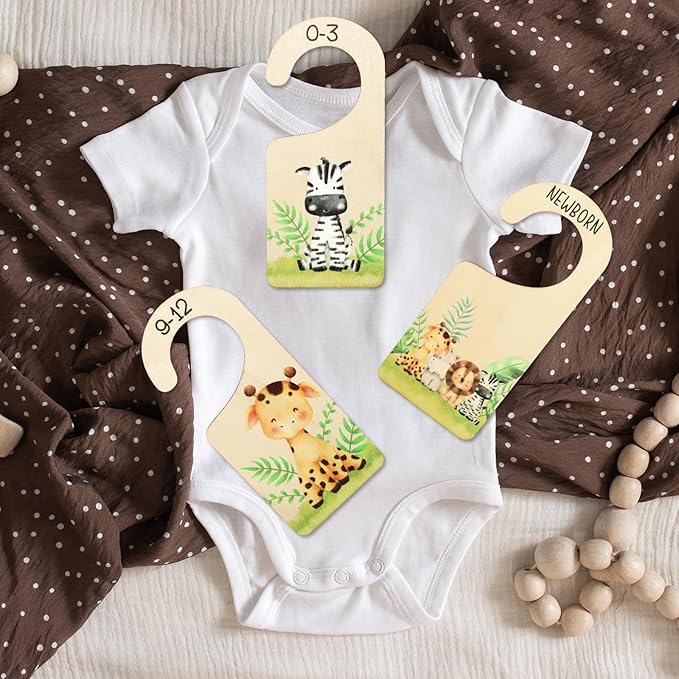 Whaline 8Pcs Baby Closet Size Dividers Watercolor Safari Animals Hanging Wooden Baby Closet Organizer Newborn to 24 Months Thicken Baby Wardrobe Organizer
