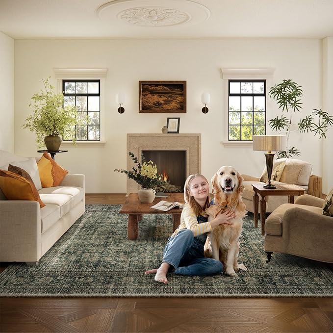 Washable Living Room Area Rug: 9x12 Rugs for Bedroom Vintage Stain Resistant Non Slip Low Pile Large Boho Carpet for Kitchen Dining Room Farmhouse Kids Room Nursery