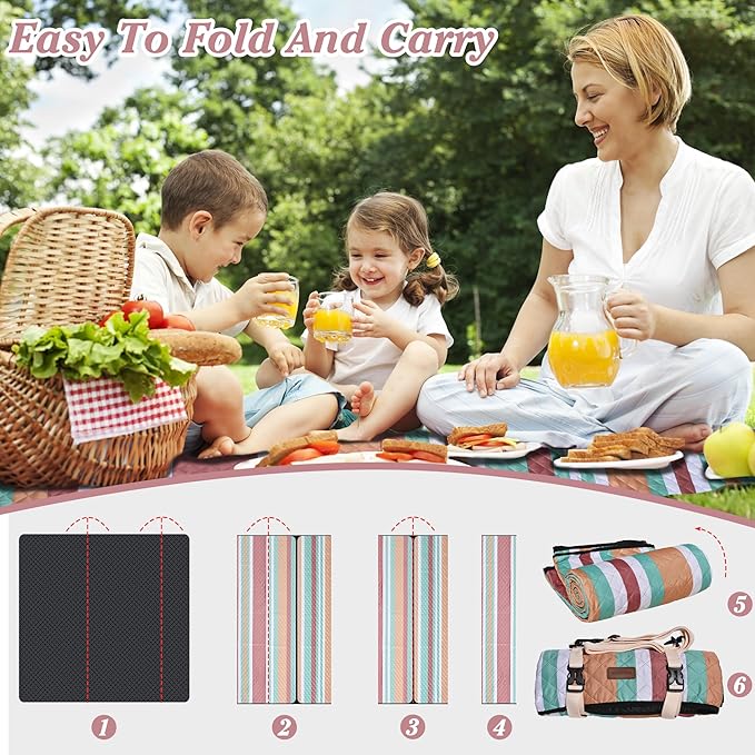 Waterproof Picnic Blanket 80" x 60" in Portable with Carry Strap for Beach Mat or Family Outdoor Camping Party, Park Blanket for Grass Park, Hiking, Travel, Concerts (Orange&Brown, 80" x 60")