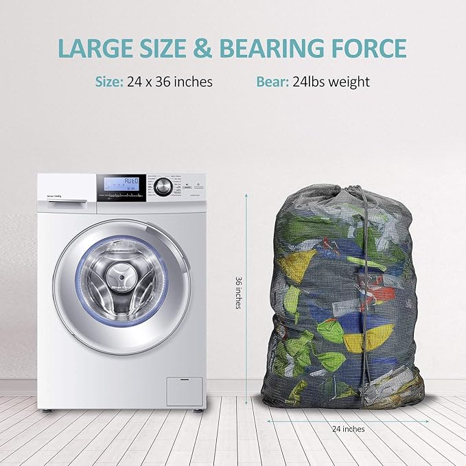 Laundry Bags, Mesh Heavy Duty 24" x 36" with Drawstring Closure, 3-Pack, Black