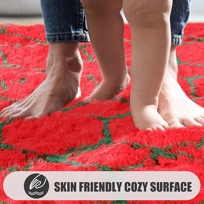 ONASAR Area Rugs for Living Room Bedroom, 5x8 Washable Fluffy Red and Dark Green Rug, Geometric Boho Soft Plush Shaggy Fuzzy Floor Carpet for Nursery Kids Girls Boys Teen Dorm Home Decor Aesthetic