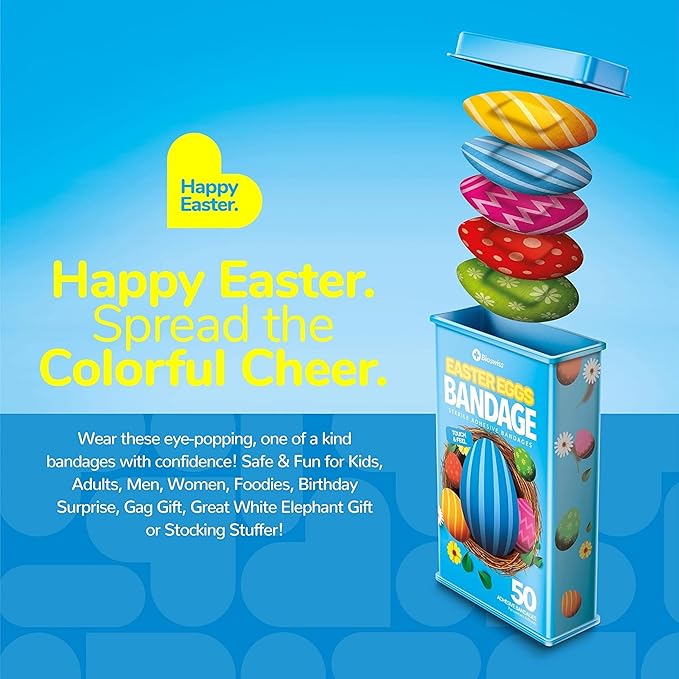 BioSwiss Bandages, Easter Egg Shaped Self Adhesive Bandage, Latex Free Sterile Wound Care, Fun First Aid Kit Supplies for Kids, 50 Count