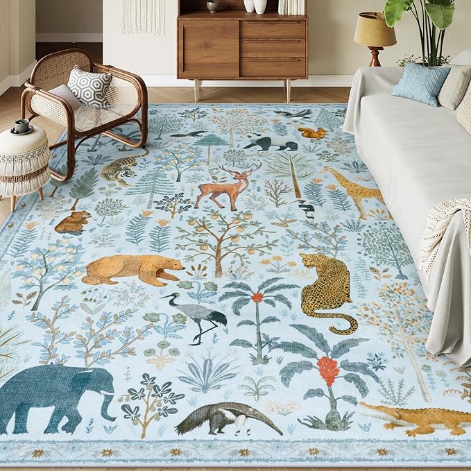 OJIA Animal Area Rugs 8x10, Soft 8x10 Washable Rugs for Living Room Bedroom, Non-Slip Boho Ultra-Thin Dining Room Rug Large Throw Carpet for Farmhouse Playroom Office, Light Blue