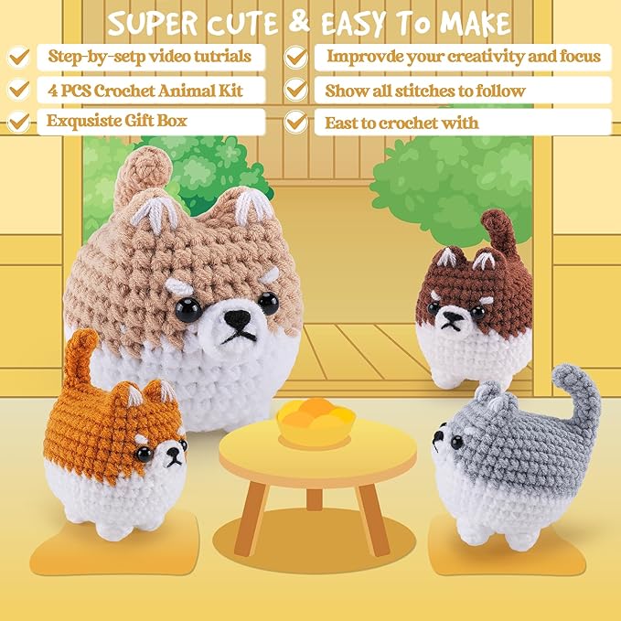 Crochet Kit for Beginners- 4 PCS Fat Shiba Inu Crochet Kits for Adults, 4PCS Corgi Dog Crochet Animal Kit with Step-by-Step Video Tutorials, Yarn, Crochet Hook, Instructions DIY Knitting Kit