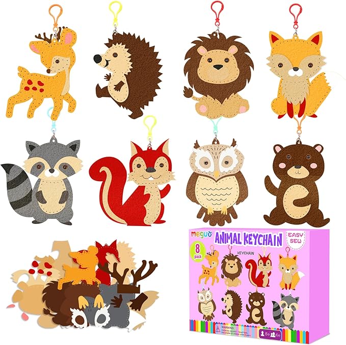 Sewing Kit for Kids, Friendship Keychain Making Toys, Beginner Arts and Crafts,8 Easy DIY Ornaments of Animal,Birthday Christmas Gifts Presents for Girls Age 6-12,Learn to Sew Embroidery