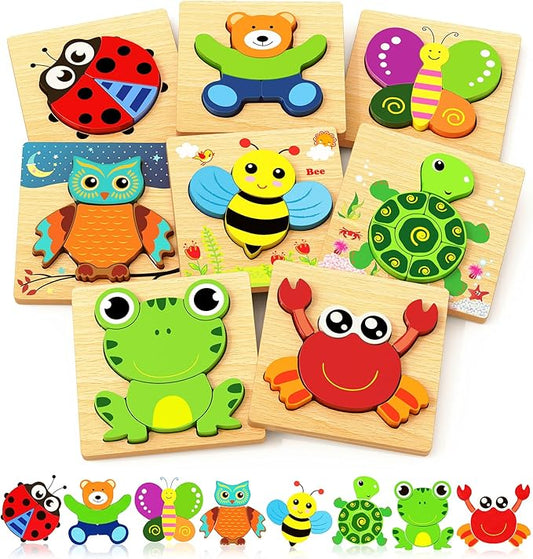 Bekayshad Wooden Puzzles Toddler Toys Gifts for 1 2 3 Year Old Boys Girls, 8 Pack Animal Jigsaw Puzzles Montessori Toys, Learning Educational Christmas Birthday Gifts for Girls Boys Ages 1-3