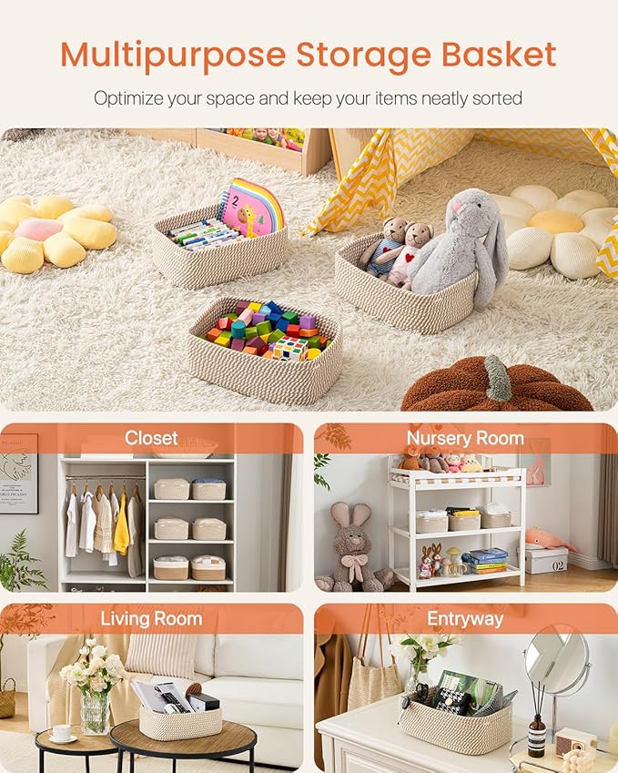 Small Woven Basket, 12 x 8 x 4.5 Inches, Storage Basket for Organizing, Cute Small Rope Shelf Closet Cube Storage Bins Baskets for Shelves, Dog Toy Gift Baskets Empty, 3 Pack Brown