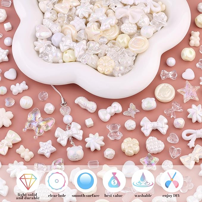 Assorted 170-230PCS White Acrylic Beads for Bracelet Making, Flower Bow Butterfly Candy GummyBear Aesthetic Bracelet Charms,Cute Beads for Jewelry Making DIY Necklace Keychain Phone Charm
