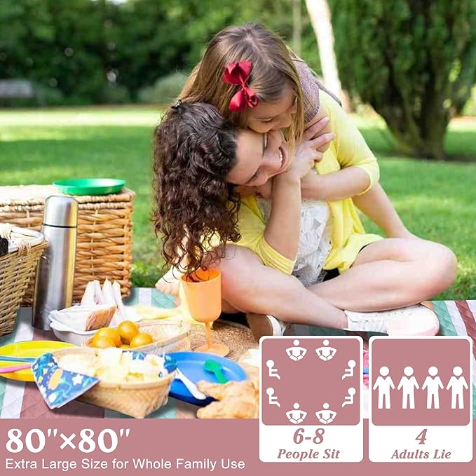 Waterproof Picnic Blanket 80" x 80" in Portable with Carry Strap for Beach Mat or Family Outdoor Camping Party, Park Blanket for Grass Park, Hiking, Travel, Concerts (Orange&Brown, 80" x 80")