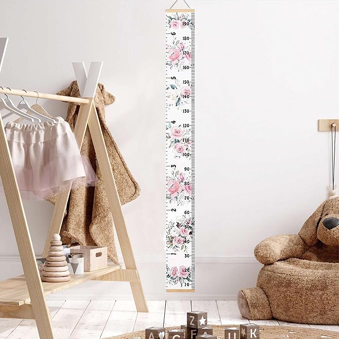 Kids Growth Chart, Wood Frame Fabric Canvas Height Measurement Ruler from Baby to Adult for Child's Room Decoration 7.9 x 79in (7.9 x 79in, Flowers)