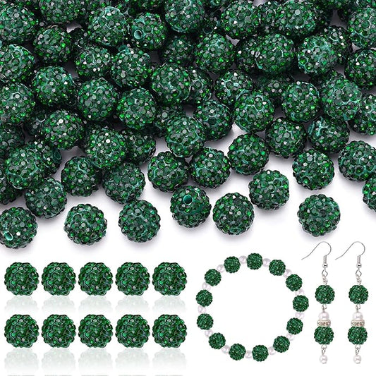 200pcs 10mm Rhinestone Beads for Jewelry Making, Dark Green Shiny Round Disco Ball Beads Bulk, Sparkle Crystal Clay Christmas for Bracelet Baseball Necklace Earring Crafting and DIY