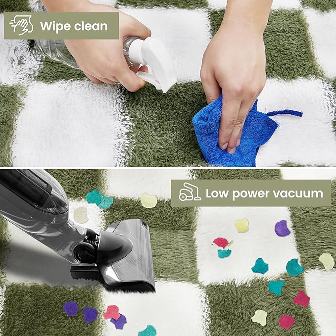 Super Soft Rug for Bedroom, 5x7 Ft Green and White Area Rug Classic Checkered Shaggy Anti-Skid High Pile Soft Fluffy Rug Fuzzy Carpet for Living Room Bedroom Kids Room Nursery, Dorm Home Decor