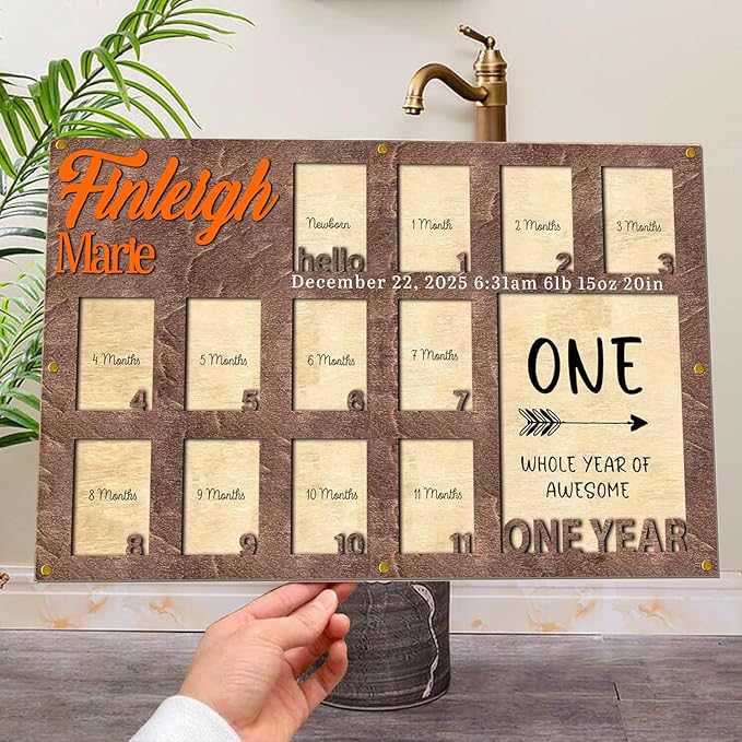 Personalized My First Year Photo Frame | 12 Months Picture Frame For Baby First Year | Displays One 5x7 Photo and Twelve 2x3 Pictures | Birthday Party Decor Newborn Memory Keepsake, Style MP2