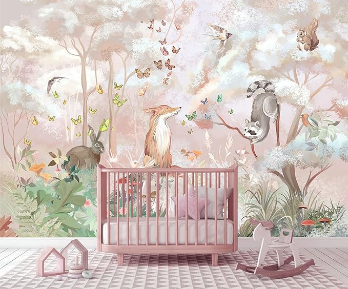 Kids Safari Wallpaper for Nursery, Woodland Fox Squirrel Rabbit Animals Wall Mural Pink Forest Wallpaper for Bedroom Living Room Children's Room(Not Self-Adhesive)