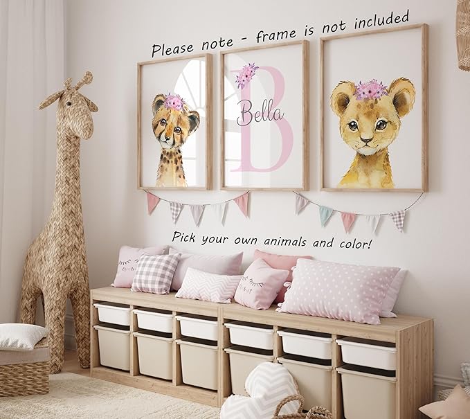 Personalized Safari Animals for Baby Girls Nursery, Set of 3 Unframed Poster Prints, Personalized Name Pink Lilac Floral, Girls Bedroom Decor, Elephant Giraffe (17x22)