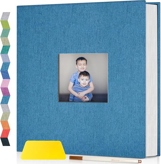 popotop Photo Album Self Adhesive with Picture Display Window,60 Pages DIY Scrapbooking Supplies Kit for 4x6 10x12 Picture,Linen Cover Memory Book for Baby Wedding, with Scraper and Metallic Pen