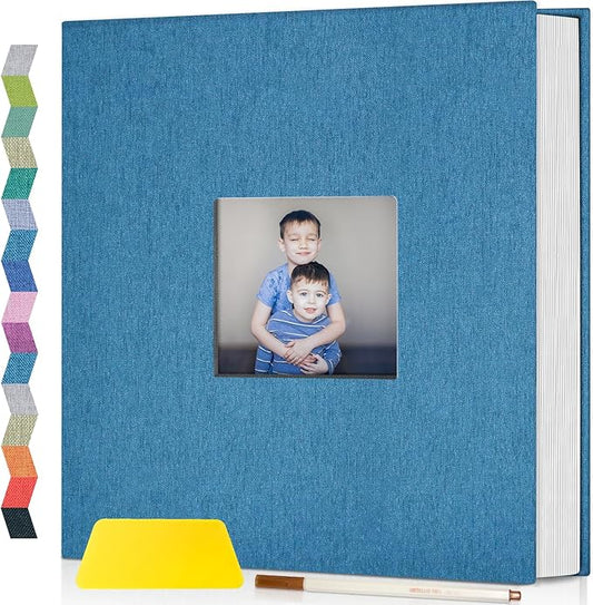 popotop Photo Album Self Adhesive with Picture Display Window,60 Pages DIY Scrapbooking Supplies Kit for 4x6 10x12 Picture,Linen Cover Memory Book for Baby Wedding, with Scraper and Metallic Pen