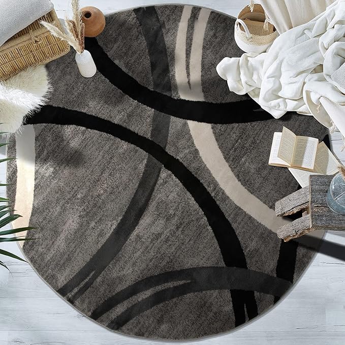 Rugshop Modern Wavy Circles Design Round Area Rug 8' Gray