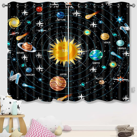 Solar System Curtain Panels - 2Pcs 82" x 63" 95% Blackout Outer Space Curtains for Boys Bedroom Grommet Room Darkening Galaxy Planets Themed Curtains for Living Room