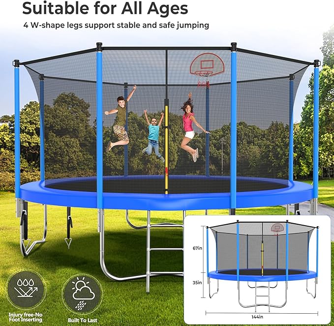 Upgraded 10/12/14/15/16FT Trampoline Outdoor, Large Kids Trampoline with Light, Stakes, Sprinkler, Backyard Trampoline with Basketball Hoop and Net, Capacity for 4-6 Kids and Adults