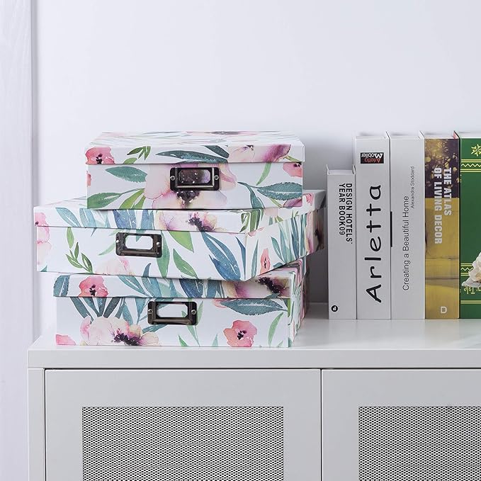 Soul & Lane Decorative Cardboard Storage Boxes With Lids for Home Décor, Set of 3 Floral Photo and Letter Box Set, Nesting Paperboard Storage for Scrapbook Paper, Keepsakes, Memories