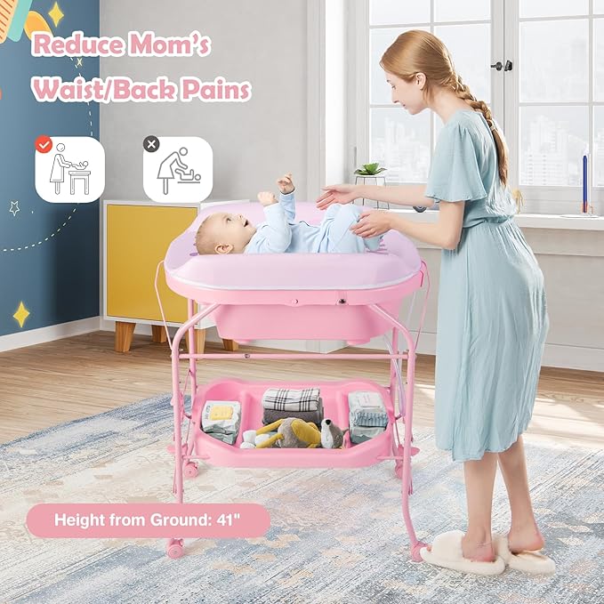 HONEY JOY Baby Changing Table with Bathtub, Foldable Infant Diaper Changing Station with Wheels, Storage Tray, Waterproof Pad, Portable Newborn Nursery Organizer Bath Stand for Boys Girls (Pink)