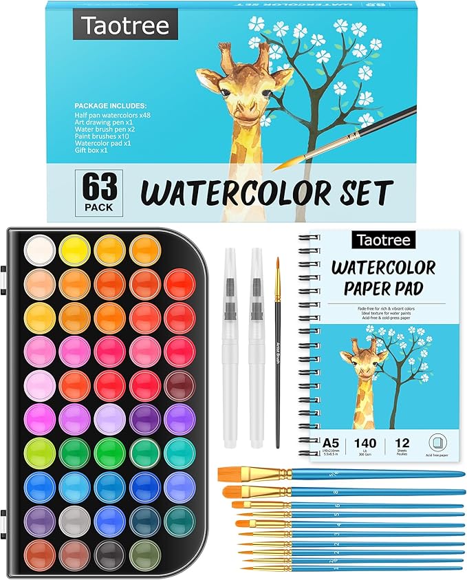 Taotree Watercolor Paint Set, 48 Colors Watercolors Kit Water Colors with 10 Paint Brushes, Brush Pens, Palette, Drawing Pad, Painting Supplies, Christmas Gifts for Teen Girls Boys Kids Adults Artist