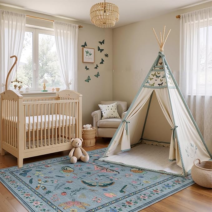 5x7 Washable Area Rug with Insect Print - Bug Rug Non-Shedding Stain Resistant Soft Carpet for Bedroom, Low Pile Ultra-Thin Machine Washable Carpet for Dining Room, Kids Nursery, Office (5'x7' Blue)