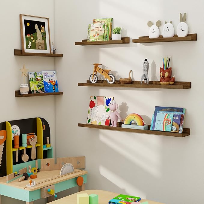 Axeman Picture Ledge Shelf, Floating Shelves for Wall Decor Storage Set of 6, 24 inch Floating Wall Mounted Shelves, Wall Shelves with Lip for Living Room, Bedroom, Nursery, Bathroom, Kitchen, Walnut