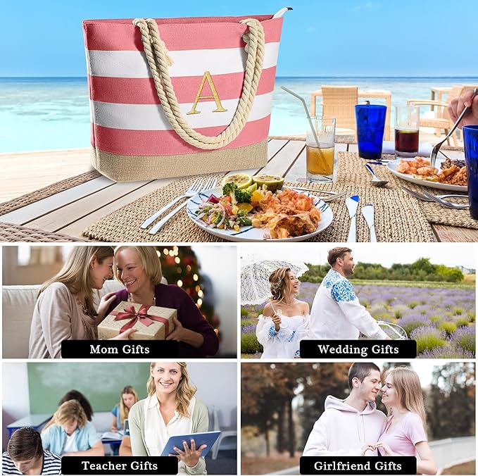 YOOLIFE Initial Canvas Waterproof Beach Tote Bag Zipper Personalized Gifts for Women Her Birthday Travel Beach Essential