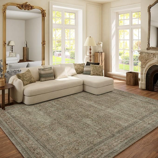 Washable Area Rugs for Living Room: 6x9 Bedroom Rug Boho Vintage Rugs Stain Resistant Non Slip Low Pile Lightweight Soft Carpets for Dining Room Kitchen Nursery Kids Room Farmhouse Living Room