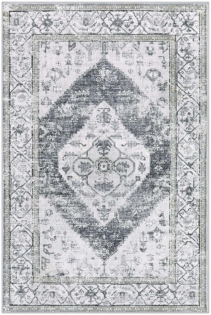 Lahome Boho Washable Rugs for Entryway - 2x3 Small Non-Slip Kitchen Rug Throw Lightweight Area Rugs for Bedroom Grey Print Oriental Distressed Bathroom Mat Floor Doormat Carpet for Laundry Living Room