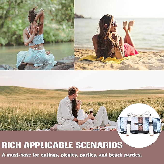 Waterproof Picnic Mat, Outdoor Camping Oversized Field Blanket. Portable Thickened Camping Blanket, Suitable for Beach, Camping, Music Festival, Party, Outdoor Adventure. (Brown&Blue&White, 80”x80”)