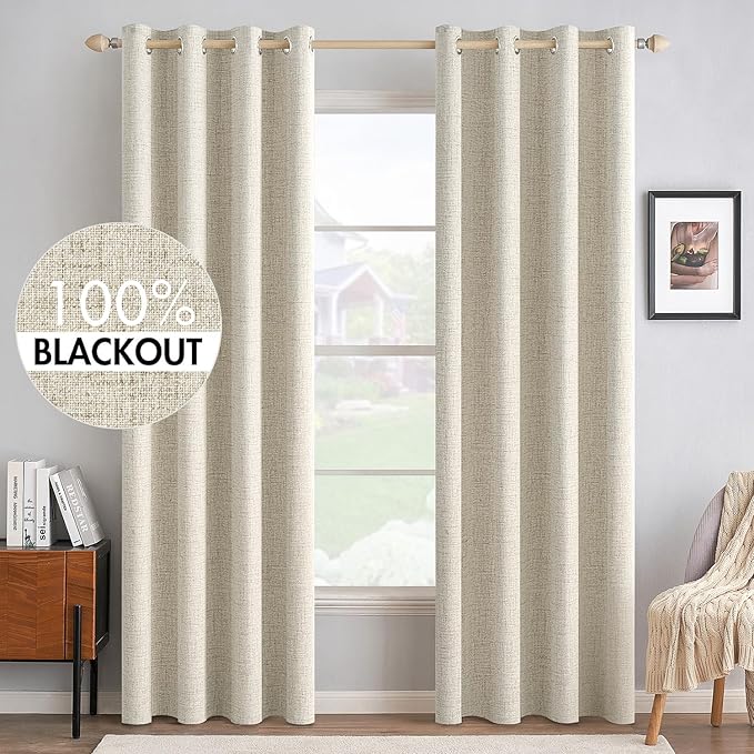 MIULEE 100% Blackout Linen Textured Curtains for Bedroom Solid Thermal Insulated Cream Grommet Room Darkening Curtains & Drapes Luxury Decor for Living Room Nursery 52 x 96 Inch (2 Panels)