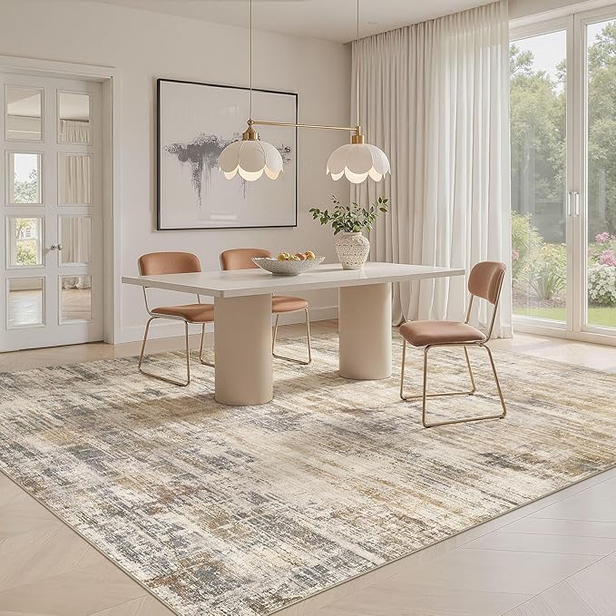Area Rug for Living Room: 4x6 Washable Neutral Abstract Modern Soft Rugs Non Slip Indoor Floor Stain Resistant Carpet for Bedroom Dining Room Office Nursery - Golden Brown