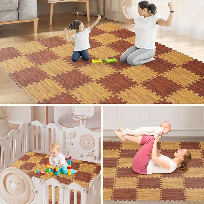 Skyweaver 36 Tiles Soft Non-Toxic Baby Play Mat for Floor EVA Foam Jigsaw Puzzle Play Mat, Interlocking Squares with 0.6inch for Babies, Toddlers & Kids Gym, Nursery, Playroom, Brown