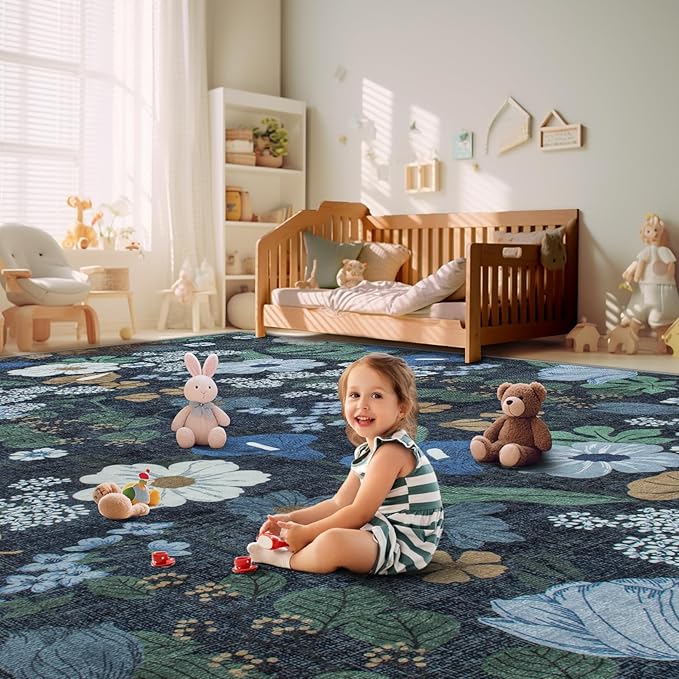 8x10 Area Rug for Living Room: Vintage Floral Washable Rug Soft Boho Non Slip Carpet Large Indoor Floor Non Shedding Low Pile Thin Carpets for Bedroom Dining Room Farmhouse Nursery Home Office Blue