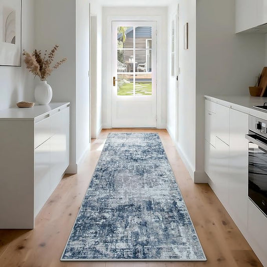 Runner Rug for Hallways Kitchen 2'6"x8' Washable, Non Slip Carpet 8ft Area Rugs Entryway Rubber Backed 8 Feet Neutral Abstract Modern Low Pile Indoor Blue Grey