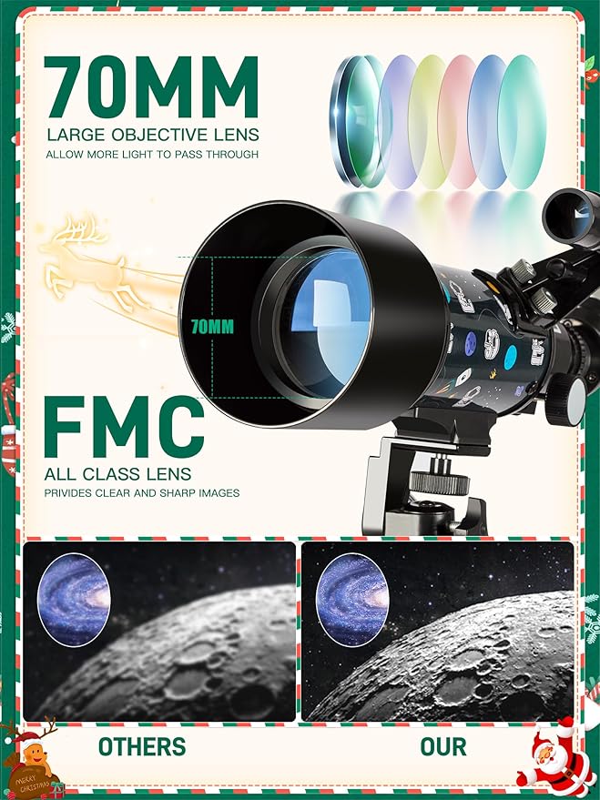 Telescope for Kids Adults Astronomy Beginners Over 8 Years Old, 70mm Aperture Astronomical Refractor Telescopes with Phone Adapter & Wireless Remote, Astronomy Space for Christmas Birthday