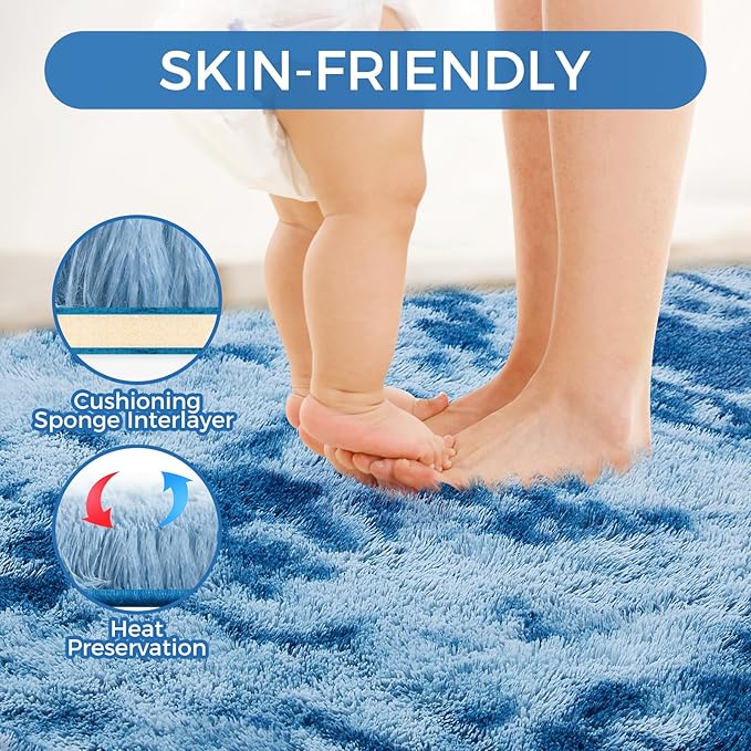 Ultra Soft Rug for Living Room, 6X9 Fluffy Shag Area Rug for Bedroom, Modern Shaggy Carpets Fuzzy Rug for Teens Dorm Nursery Home Decor Aesthetic, Upgrade Anti-Skid Durable, Tie-Dyed Blue Grey